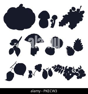 Récolte d'automne vector silhouettes. La récolte d'automne, potiron, champignons, raisins et baies sauvages ombre pour votre conception. Illustration de Vecteur