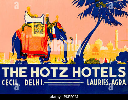 Un vintage assurance étiquette pour l'Hotz Hôtels - Cecil Hôtel à Delhi et Lauries Hôtel dans Agra, Inde Banque D'Images