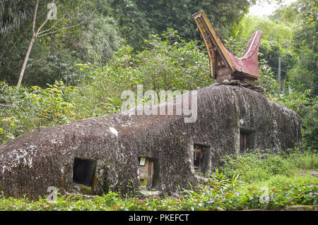 Paysage avec maisons traditionnelles Tongkonan Tana Toraja dans Batutumongi highlands près de village. Du sud de Sulawesi, Indonésie Banque D'Images