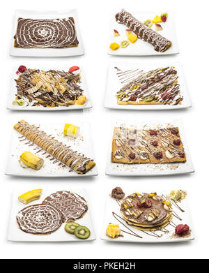 Ensemble de plats crêpes isolé sur fond blanc, chemin de détourage inclus Banque D'Images