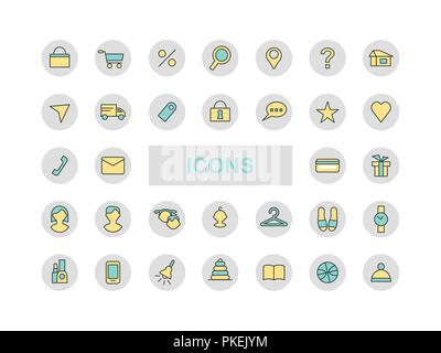 Vector icons pour boutique en ligne. Un ensemble d'icônes pour le design du site, un magasin de vêtements en ligne, de l'électronique, les jouets et autres produits Illustration de Vecteur