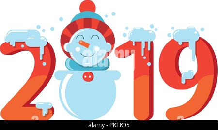 Année 2019 inscription numérique. Les figures autour d'un joyeux Bonhomme de neige. Numéro de l'année dans la neige, chiffres rouges. Télévision vector illustration Illustration de Vecteur