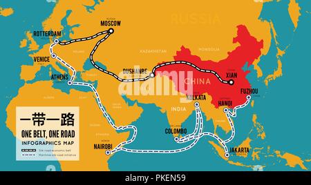 Une courroie, d'une route. Le commerce chinois nouvelle route de la soie. Carte vectorielle infographie Illustration de Vecteur