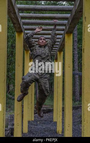 # USArmy Le s.. Miguel Matias affecté au 5e Escadron, 73e Régiment de cavalerie, 3e Brigade Combat Team, 82nd Airborne Division navigue un obstacle au cours de la meilleure Medic compétition à Fort Bragg, N.C., 25 juillet 2018. Banque D'Images