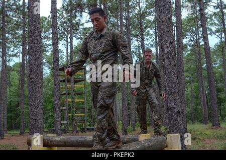 USArmy SPC. Edgar Cortes et la CPS. Aaron Tolson attribué à 1er Bataillon du 508th Parachute Infantry Regiment, 3e Brigade Combat Team, 82nd Airborne Division tester leur équilibre tout en se déplaçant à travers le parcours du rapdily au cours de la meilleure Medic compétition à Fort Bragg, N.C., 25 juillet 2018. Banque D'Images