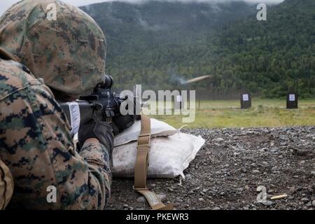 Lance le Cpl. Joel Carrizales, avec la Compagnie Charlie, 1er Bataillon, 25e Régiment de Marines, des zéros dans son fusil à la ligne de 25 verges, Joint Base Elmendorf-Richardson, Anchorage, Alaska, le 1 août, 2018. Super Squad concours ont été conçus pour évaluer un 14-man d'infanterie tout au long d'un vaste domaine et l'évolution de tir réel. Banque D'Images