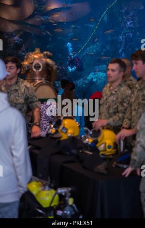 SEATTLE (02 août 2018) Les membres de la Station Navale Everett dive locker interagir avec les visiteurs à l'Aquarium de Seattle alors qu'un plongeur nage dans le réservoir principal lors de la 69 e semaine de la flotte Seafair annuel. Seafair Fleet Week est une célébration annuelle de la mer où les services marins, marines et de la Garde côtière des États-Unis en visite de membres de la Marine et des navires de la Garde côtière et des navires du Canada font de la ville un port d'escale. Banque D'Images