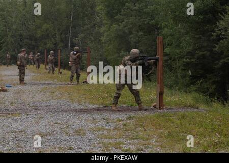 Marines avec la Compagnie Charlie, 1er Bataillon, 23e Régiment de Marines, en compétition dans la 4e Division de marines, concours annuel de peloton de procéder à une distance inconnue cours de Fire at Joint Base Elmendorf-Richardson, Anchorage, Alaska, 2 août 2018. Super Squad concours ont été conçus pour évaluer un 14-man d'infanterie tout au long d'un vaste domaine et l'évolution de tir réel. Banque D'Images