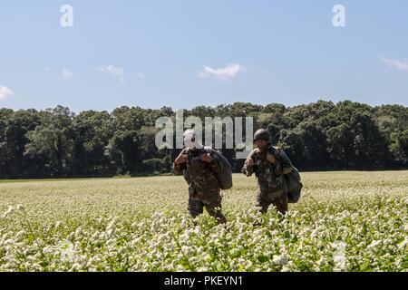 Les parachutistes de l'Afrique du Sud à pied à travers Château Zone de chute après avoir participé à un saut dans le cadre de la familiarisation à l'Université de Leapfest Rhode Island, West Kingston, R.I., 3 août 2018. Est le plus grand, le Leapfest plus ancien international, de formation en parachutisme en ligne statique de la concurrence et de l'événement organisé par le 56e commandement de troupes, la Garde nationale de Rhode Island pour promouvoir des techniques de niveau et l'esprit de corps au sein de la communauté dans l'internationale. Banque D'Images