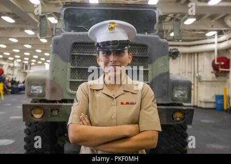 SEATTLE ( 3 Août, 2018) U.S. Marine à bord d'un quai de transport amphibie USS Somerset (LPD 25) pose pour une photo lors de Seafair la Fleet Week. Seafair Fleet Week est une célébration annuelle de la mer où les services marins, marines et de la Garde côtière des États-Unis en visite de membres de la Marine et des navires de la Garde côtière et des navires du Canada font de la ville un port d'escale. Banque D'Images