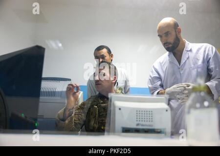 La PROVINCE DE KANDAHAR, Afghanistan (5 août 2018) -- l'hôpital de la Marine américaine 3e classe Corpsman Thomas Fite, un technicien en radiologie pour l'aérodrome de Kandahar l'OTAN L'Unité médicale multinationale de rôle III, donne sur les résultats d'un x-ray, le 5 août 2018, d'aider ses homologues afghans lors d'une visite de consultation médicale à l'hôpital militaire régional de Kandahar, Camp Hero à Kandahar, en Afghanistan. Les membres du personnel du rôle III Conduite des visites de routine dans KRMH à former et des conseils du personnel médical Afghan. Banque D'Images