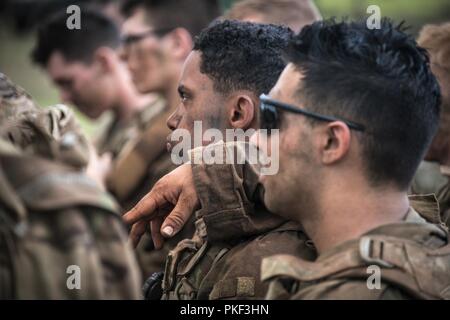 Les soldats de l'Armée américaine affecté à 1er Bataillon, 27e Régiment d'infanterie 'Wolfhounds', l'équipe de combat de la 2e Brigade d'infanterie, 25e Division d'infanterie, écouter le Lieutenant-colonel Louis Kangas, commandant de bataillon, au cours d'une analyse après action à la conclusion d'une exercice de tir réel à Schofield Barracks, Missouri, le 3 août 2018. L'exercice fait partie d'une progression globale de formation afin de maintenir la préparation au combat en préparation d'un Joint Readiness Training Centre rotation plus tard cette année. Banque D'Images