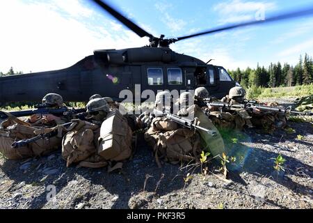 Marines avec la Compagnie Charlie, 1er Bataillon, 24e Régiment de Marines mis en place un périmètre défensif après le débarquement d'un UH-60 Black Hawk au cours de la 4ème Division de marines à la compétition annuelle de peloton de Joint Base Elmendorf-Richardson, Anchorage, Alaska, le 3 août 2018. Super Squad concours ont été conçus pour évaluer un 14-man d'infanterie tout au long d'un vaste domaine et l'évolution de tir réel. Banque D'Images