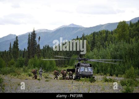 Marines avec la Compagnie Charlie, 1er Bataillon, 23e Régiment de Marines, extrait de la zone d'atterrissage 26 via UH-60 Black Hawk après avoir participé à la 4e Division de marines à la compétition annuelle de peloton de Joint Base Elmendorf-Richardson, Anchorage, Alaska, le 5 août 2018. Trois 14-man d'infanterie ont effectué une compétition de 48 heures avec des réserves limitées et des équipements à travers un vaste champ. Banque D'Images