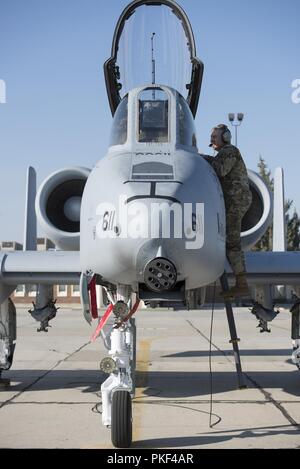 Le brig. Le général Michael J. Garshak, l'adjudant général de l'Idaho et commandant de la Garde nationale de l'Idaho, parle à un A-10C Thunderbolt II pilote de la 190e Escadron de chasse à Gowen Field, New York, le 8 août 2018. Garshak a été d'apprendre plus sur l'A-10 et la manière dont le New York Air National Guard l'utilise pour l'entraînement et des missions de combat. Banque D'Images