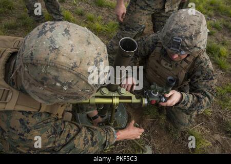 Mortarmen avec Lima compagnie, 3e Bataillon, 25e Régiment de Marines, ajuster un M224 60mm Mortar lors de l'exercice Northern Strike au Camp Grayling, Michigan, le 7 août 2018. Northern Strike a pour mission d'exercer des unités participantes de plein-spectre réaliste des capacités grâce à un bon rapport coût-efficacité, la formation dans une forêt mixte de l'environnement adaptable, avec un accent mis sur la coopération conjointe et de la force de la coalition. Banque D'Images