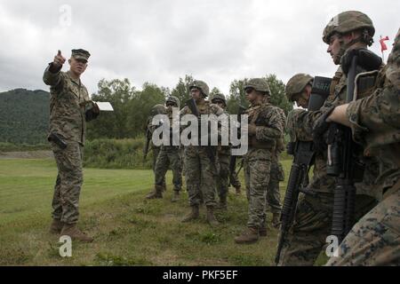 Le sergent du Corps des Marines des États-Unis. Andrew Wolfla, affecté à la 4e Division de marines, offre une gamme de sécurité bref Marines avec la Compagnie Charlie, 1er Bataillon, 23e Régiment de Marines avant d'effectuer un tir de tir réel au cours de la 4e Division de marines Super Squad concours tenu à Joint Base Elmendorf-Richardson, Alaska, le 6 août 2018. Au cours de la concurrence de plusieurs jours, d'escouades de 1er et 3e bataillons, 23e Régiment de Marines et 1er Bataillon, 24e Régiment de Marines, exercé leurs compétences techniques et tactiques en participant à des événements qui a mis en évidence les opérations de défense/offensive, patr Banque D'Images