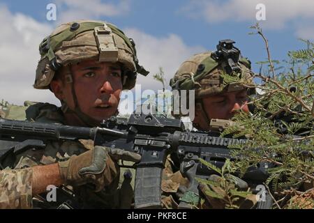 Soldats affectés au 4e Bataillon, 17e Régiment d'infanterie, 1ère Stryker Brigade Combat Team, regarder l'arrivée d'un groupe des forces d'opposition à déplacer sur leur position à l'extérieur du village d'El Jabrah formation avant de les engager au cours de fer à repasser Focus 18,2, 7 août 2018. Fer à Repasser Focus est un l'un des plus importants exercices effectués sur Fort Bliss et ses environs dans le cadre de la 1re Division blindée du commandant du Centre de formation de combat programme de certification. Chaque échelon de la Brigade est contesté en raison de leur aptitude à mener des offensives, défensives et la stabilité des opérations contre un hybride thre Banque D'Images