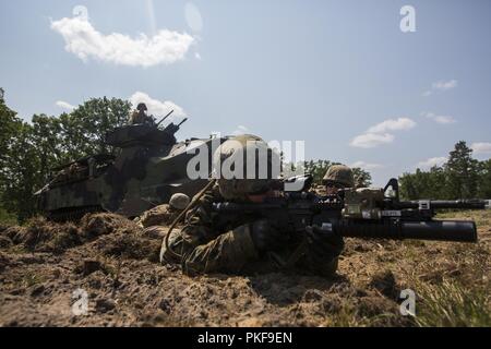 Les Marines de la Compagnie India, 3e Bataillon, 25e Régiment de Marines, assurer la sécurité comme le reste de l'équipe quitte un assaut amphibie véhicule lors d'une gamme de tir réel au Camp Grayling, Michigan, le 7 août 2018. Camp de l'Arctique, le plus grand centre de la Garde nationale dans le pays couvrant 147 000 hectares, offre de nombreuses grosses pièces d'artillerie, de mortiers, de chars et les cours de manœuvre. Banque D'Images