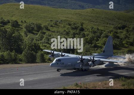 Le colonel Charles Moïse, le commandant du Groupe aérien maritime 41, 4e Escadre Un avion Marine terres C-130 sur la nouvelle piste pour la première fois au cours de préparation à l'innovante Vieux Port, de l'Alaska, le 7 août 2018. Cette année marque l'achèvement de l'extension de 2 000 pieds de piste du vieux port. Banque D'Images