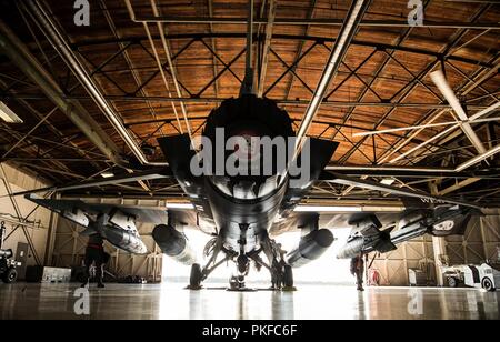 Les aviateurs américains affectés à la 77e Escadron de maintenance des aéronefs travailler sur un F-16CM Fighting Falcon dans le 20e Groupe de maintenance (MXG) armes normalisation hangar à Shaw Air Force Base, S.C., Août 9, 2018. Le hangar est la normalisation des armes utilisées par le 20e MXG pour aider à former et renforcer les compétences d'aviateurs dans l'application des armes à sous-munitions sur F-16. Banque D'Images