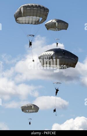 Les parachutistes de l'armée américaine affectés à la 4th Infantry Brigade Combat Team (Airborne), 25e Division d'infanterie de l'armée américaine, l'Alaska, descendre sur Malemute Zone de chute après avoir sauté d'un Virginia Air National Guard C-130 Hercules tout en menant à l'entraînement à joint Base Elmendorf-Richardson, Alaska, 9 août, 2018. Les soldats de 4/25 appartiennent à la seule brigade aéroportée américaine dans le Pacifique et sont formés pour exécuter des manœuvres aériennes dans l'extrême froid et environnements de haute altitude à l'appui de combattre, de partenariat et d'opérations de secours en cas de catastrophe. La Garde nationale de l'air de l'Illinois Banque D'Images