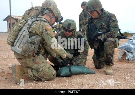 Scout snipers moldave Fire M4 carbine rifles à une gamme pour aider à renforcer et affiner leurs compétences de base dans l'adresse au tir de fusil avec l'aide de soldats de la 30e Brigade blindée de l'équipe de combat. Des soldats moldaves sont intégrés avec différentes unités relevant de la 30e Brigade blindée contre les volumes exportables (capacité de formation XCTC) exercice, 6 Août - 21, 2018. L'exercice est l'un des 30e plus grand exercice dans l'histoire récente, avec plus de 4 000 soldats citoyens à partir de la Caroline du Nord, Caroline du Sud, West Virginia, Minnesota, et le pays de Moldova.Ils seront tous aiguiser leurs combat ski Banque D'Images