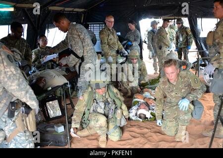 Les soldats d'assistant médical de combat avec le 230e Bataillon de soutien de Brigade vie conduite-comme la formation de combat avec des soldats blessés dans la bataille. L'entraînement des soldats sur les techniques médicales et une intervention médicale à un secteur d'entraînement près de Ft. Bliss, Texas, au cours de la 30e Brigade blindée contre les volumes exportables (capacité de formation XCTC) exercice, 6 Août - 21, 2018. L'exercice est l'un des plus grands 30 dans l'histoire récente, avec plus de 4 000 soldats citoyens à partir de la Caroline du Nord, Caroline du Sud, West Virginia, Minnesota, et le pays de Moldova.Ils seront tous d'aiguiser leurs compétences de combat de "tirer, Banque D'Images