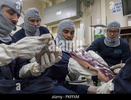 Océan Pacifique (Juillet 28, 2018) marins conduite des interventions médicales d'urgence dans le service de médecine de San Antonio-classe de transport amphibie USS dock Anchorage (LPD 23) lors d'un déploiement prévu d'Essex Groupe amphibie (ARG) et 13e Marine Expeditionary Unit (MEU). L'Essex ARG/MEU team est une force solide et souple et évolutive équipée pour répondre à n'importe quelle crise allant de l'aide humanitaire et des secours aux opérations de contingence. Banque D'Images