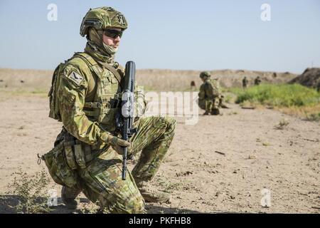 L'armée australienne Pvt. Sebastion Evans, avec groupe de travail d'une force de réaction rapide de Taji, fournit la sécurité au cours d'un exercice de tir réel des forces combinées au Camp Taji, Iraq, 10 août 2018. Une coalition créée à partir d'une vaste communauté internationale poursuivra son soutien à la population de l'Iraq afin de renforcer les capacités de la nation d'assurer la sécurité et la stabilité. Banque D'Images