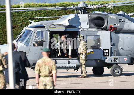 Le duc de Sussex arrive au centre d'Entraînement Commando des Royal Marines à Lympstone, Devon. Banque D'Images