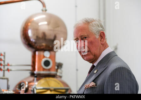 Le Prince de Galles vues une marmite en cuivre et observe encore le processus de distillation de gin au cours de sa visite à la Lande Spirit Company Ltd's Hepple distillerie de gin à Morpeth. Banque D'Images