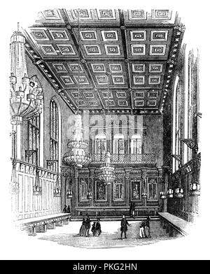 L'intérieur de Merchant Taylors' Hall, Londres est le siège de la Worshipful Company of Merchant Taylors, l'un des douze grandes entreprises livrée de la ville de Londres qui survit d'Époque Médiévale. La première salle a été construit entre Threadneedle Street et Cornhill à une date entre les années 1347 et 1392. Au moment de l'incendie, seuls les murs et les fondations ont survécu, mais le bâtiment a été restauré. Banque D'Images