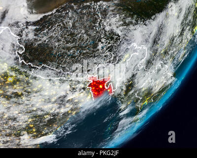 Le Bangladesh à partir de l'espace sur la planète Terre la nuit avec des frontières du pays. 3D illustration. Éléments de cette image fournie par la NASA. Banque D'Images