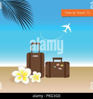 Valise de voyage sur la plage avec des fleurs de frangipanier maison de vacances vecteur illustration EPS10 Illustration de Vecteur