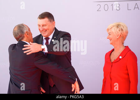 Le palais de Rundale, la Lettonie. 13Th Sep 2018. Marcelo Rebelo de Sousa Président du Portugal, Président de la Lettonie Raimonds Vejonis et de la première dame de Lettonie Iveta Vejone cérémonie d'arrivée de la 14e réunion informelle du groupe dans le palais de Rundale Arraiolos, la Lettonie. Credit : Gints Ivuskans/Alamy Live News Banque D'Images