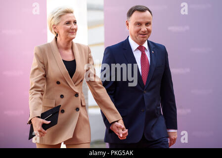 Le palais de Rundale, la Lettonie. 13Th Sep 2018. Agata Kornhauser-Duda, première dame de Pologne, Andrzej Duda, Président de Pologne cérémonie d'arrivée de la 14e réunion informelle du groupe dans le palais de Rundale Arraiolos, la Lettonie. Credit : Gints Ivuskans/Alamy Live News Banque D'Images