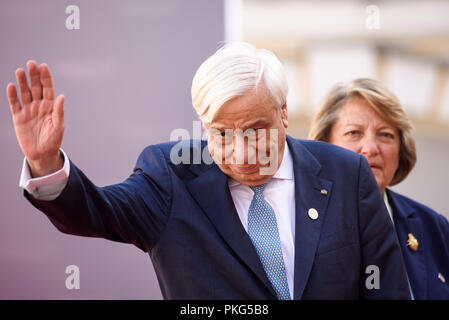 Le palais de Rundale, la Lettonie. 13Th Sep 2018. Prokopis Pavlopoulos Président de la Grèce, lors de cérémonie d'arrivée de la 14e réunion informelle du groupe dans le palais de Rundale Arraiolos, la Lettonie. Credit : Gints Ivuskans/Alamy Live News Banque D'Images