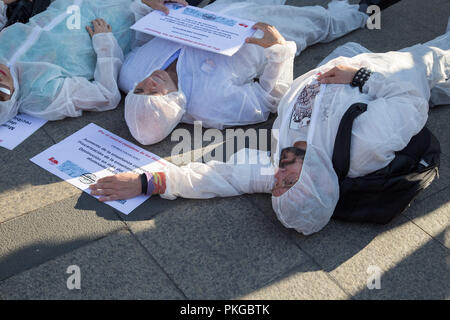 Madrid, Espagne. 13 Sep, 2018. Vu les militants portant sur le terrain tous vêtus de combinaisons blanches holding affiches pendant la manifestation.Les militants ont démontré à la Banque d'Espagne d'exiger une plus grande contrôle citoyen sur le système financier et ont dénoncé les suicides causés par la crise économique après 10 années de crise économique en Espagne. Credit : Lito Lizana SOPA/Images/ZUMA/Alamy Fil Live News Banque D'Images