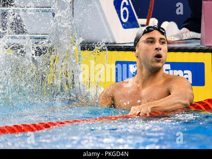 Doha. 13 Sep, 2018. Felipe Lima du Brésil célèbre après avoir remporté le 100m brasse hommes finale de la Coupe du Monde de Natation FINA 2018 Doha à Doha, capitale du Qatar le 13 septembre 2018. Felipe Lima réclamé le titre avec 59,61 secondes. Credit : Nikku/Xinhua/Alamy Live News Banque D'Images