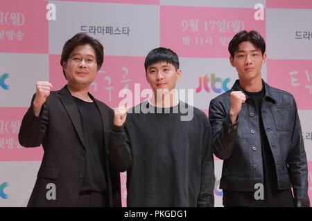 Séoul, Corée. 13 Sep, 2018. Yoo Jae-myung et Kim Ji Soo assister à la conférence de la production de 'snooker' à Séoul, Corée, le 13 septembre 2018.(La Chine et la Corée à l'homme) Credit : TopPhoto/Alamy Live News Banque D'Images