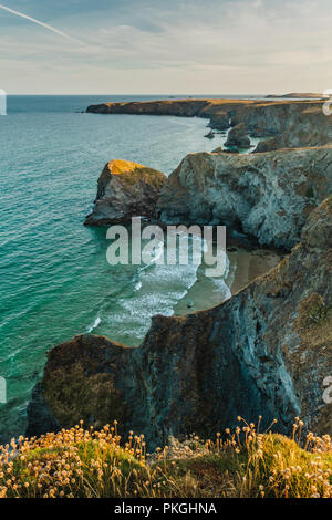 Vue depuis la falaise au Bedruthan Steps sur la côte nord des Cornouailles, Angleterre, Royaume-Uni. Banque D'Images