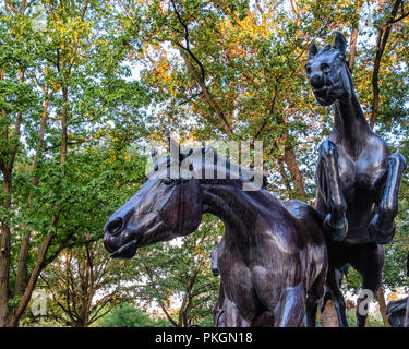 Berlin,Dahlem. Sculpture en bronze de cinq chevaux sauvages sautant au-dessus de vestiges de mur de Berlin. Cadeau de l'USA à RAD commémore le jour où le mur est tombé. Banque D'Images