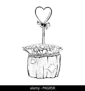 Cafetière avec coeur sur stick. Croquis illustration monochrome. Les grains de café à la main pot avec coeur. Valentines Day gift concept. Journée d'amour cartes postales et ligne de publicité art design. Vecteur isolé Illustration de Vecteur