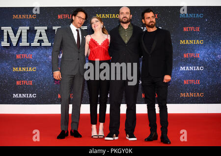 Réalisateur Cary Fukunaga, Emma Stone, écrivain Patrick Somerville et Justin Theroux qui fréquentent le maniaque Première Mondiale au Southbank Centre, Londres. Banque D'Images