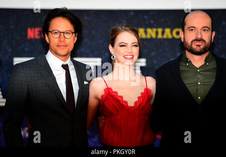 Réalisateur Cary Fukunaga, Emma Stone et écrivain Patrick Somerville qui fréquentent le maniaque Première Mondiale au Southbank Centre, Londres. Banque D'Images