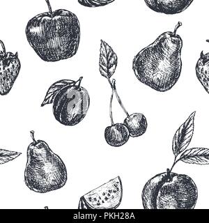 Les fruits. Modèle sans couture. Croquis dessinés à la main, dans le style grunge Illustration de Vecteur