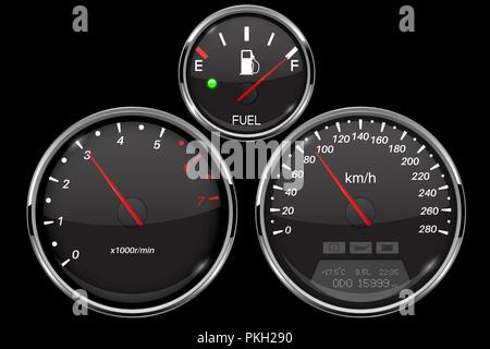 Tableau de bord de voiture jeu de jauges noir. Indicateur de vitesse, tachymètre, jauge de carburant Illustration de Vecteur