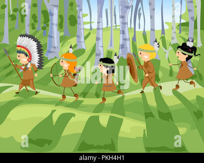 Illustration de Stickman Kids in Native American Costume d'exécution dans la forêt la chasse Banque D'Images