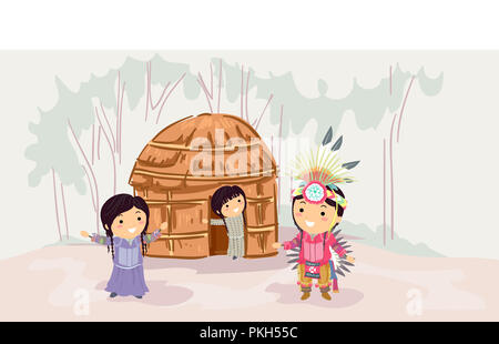 Illustration de Stickman Native American Apache Les Enfants jouant autour d'un wigwam Banque D'Images